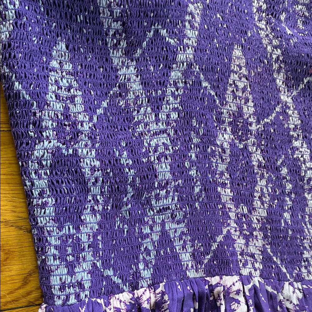 Rebecca Taylor Silk Midi Sun Dress Size 0 Smocked Purple Tie Dye Wedding Guest - Picture 6 of 12